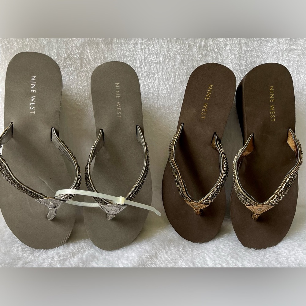 2 ~Nine West N-Eclispe3 -(1)Grey/Silver ~(1)Brown/Gold Wedge Sandals Sz 6M NWOT